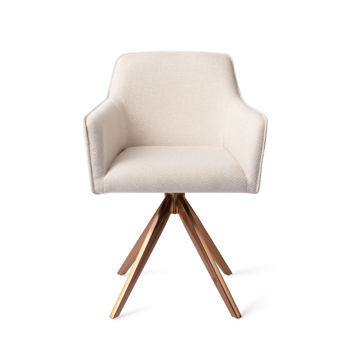 Chaise de salle à manger Hofu écru sur piètement pivotant cuivré vue de face coque enveloppante et accoudoirs