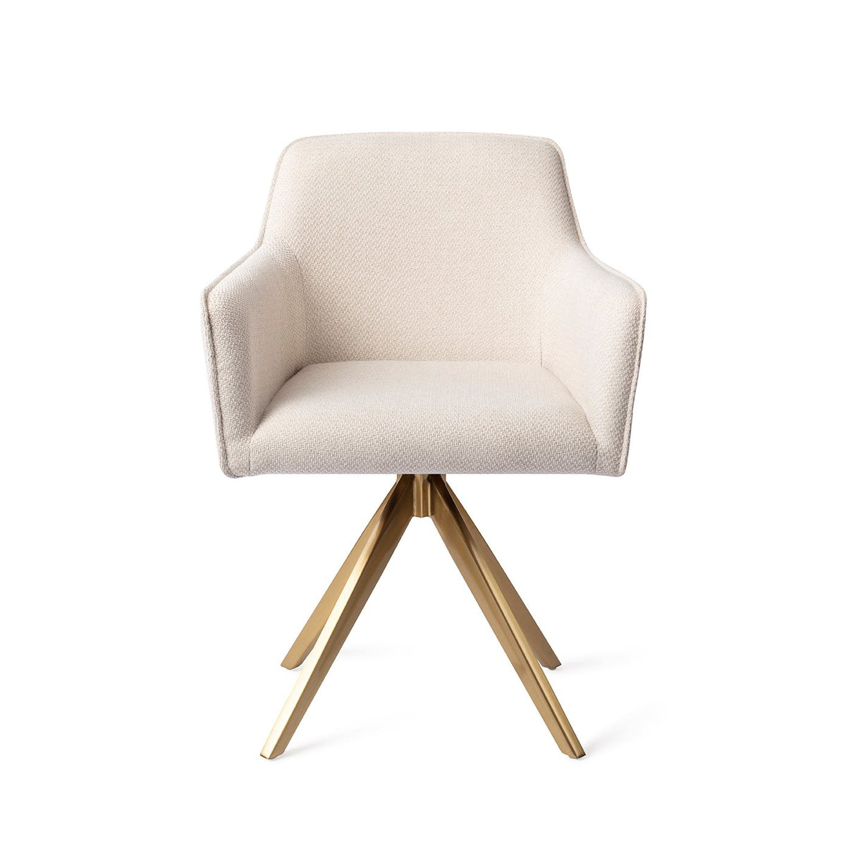 Chaise de salle à manger Hofu écru sur piètement pivotant doré vue de face coque enveloppante et accoudoirs