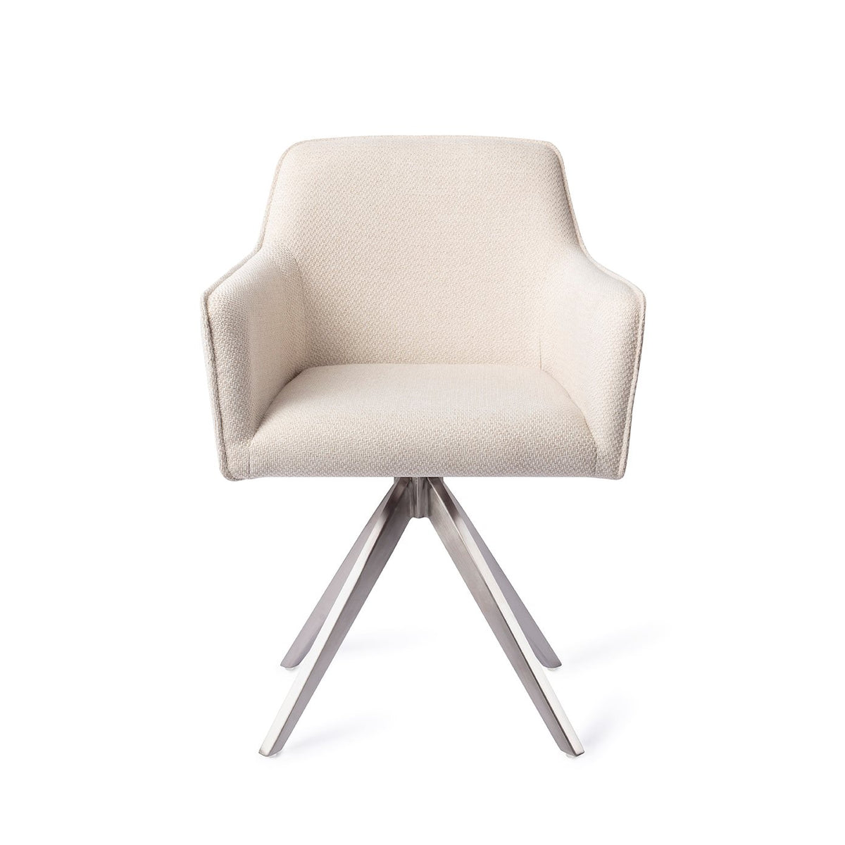 Chaise de salle à manger Hofu écru sur piètement pivotant gris acier vue de face coque enveloppante et accoudoirs