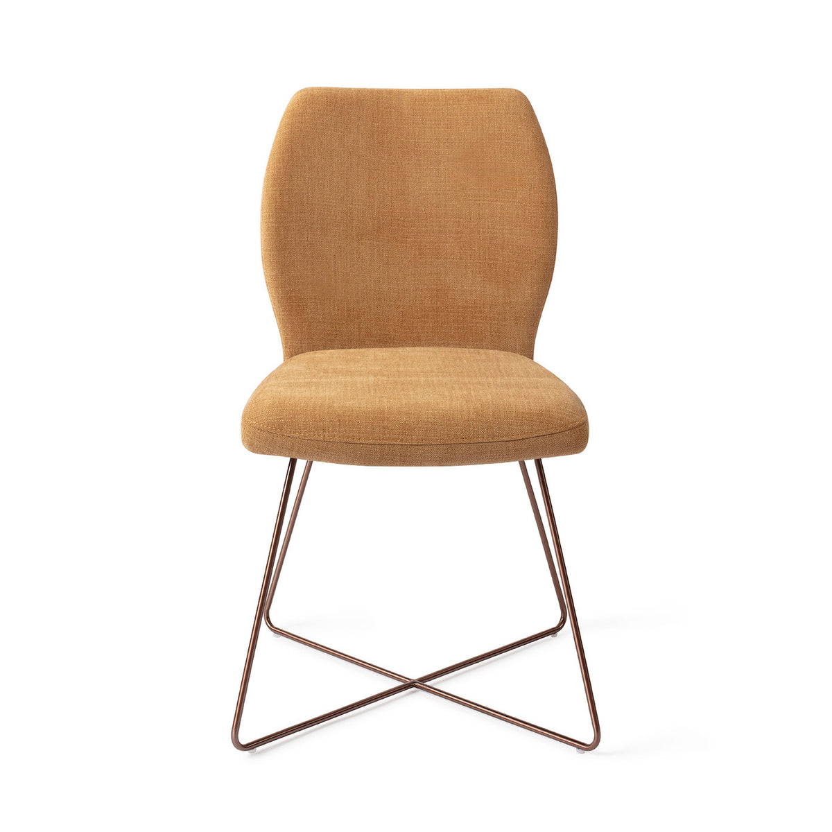 Chaise de salle à manger Ikata ocre sur piètement luge croisé cuivré vue de face dossier galbé et assise rembourrée