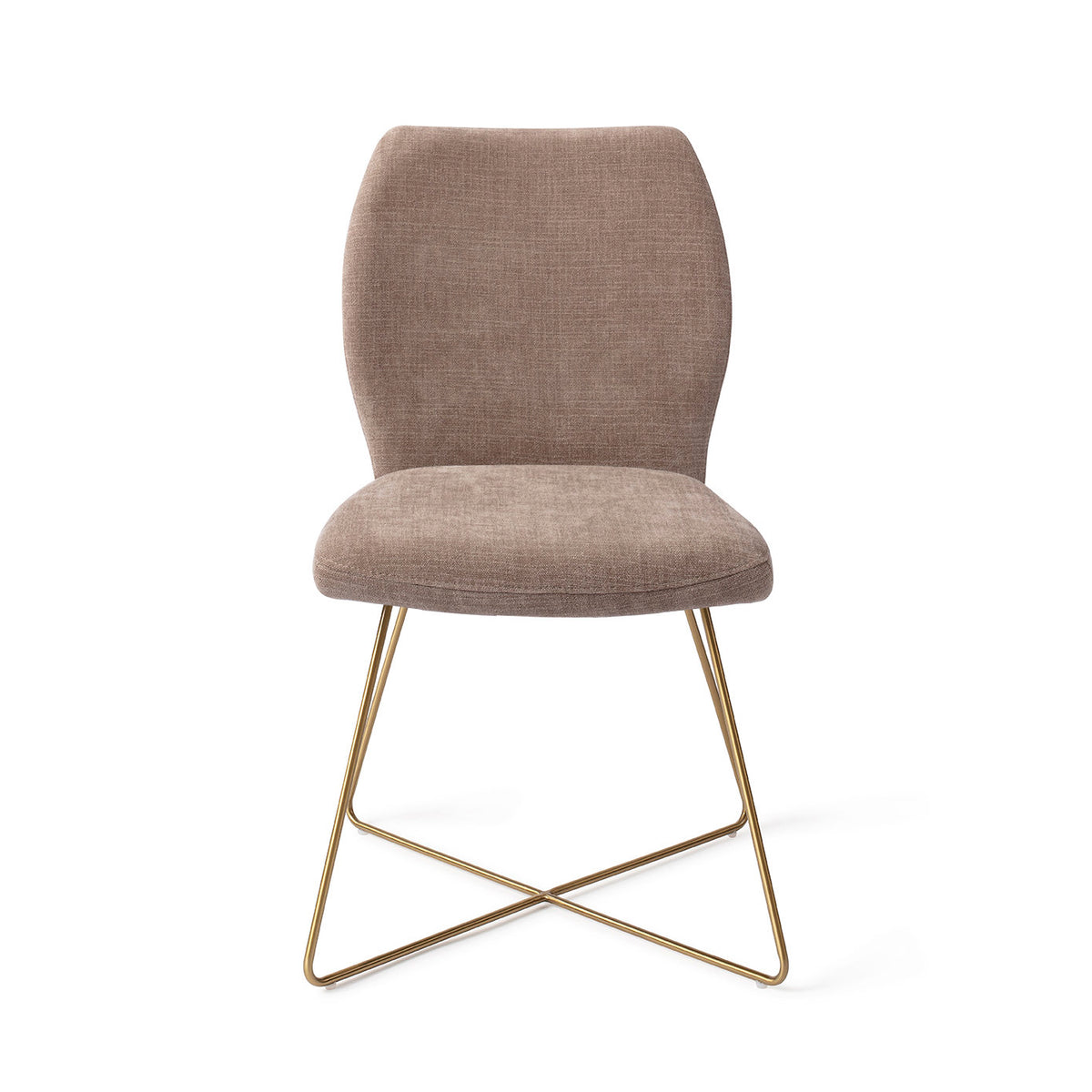 Chaise de salle à manger Ikata taupe sur piètement luge croisé doré vue de face dossier galbé et assise rembourrée
