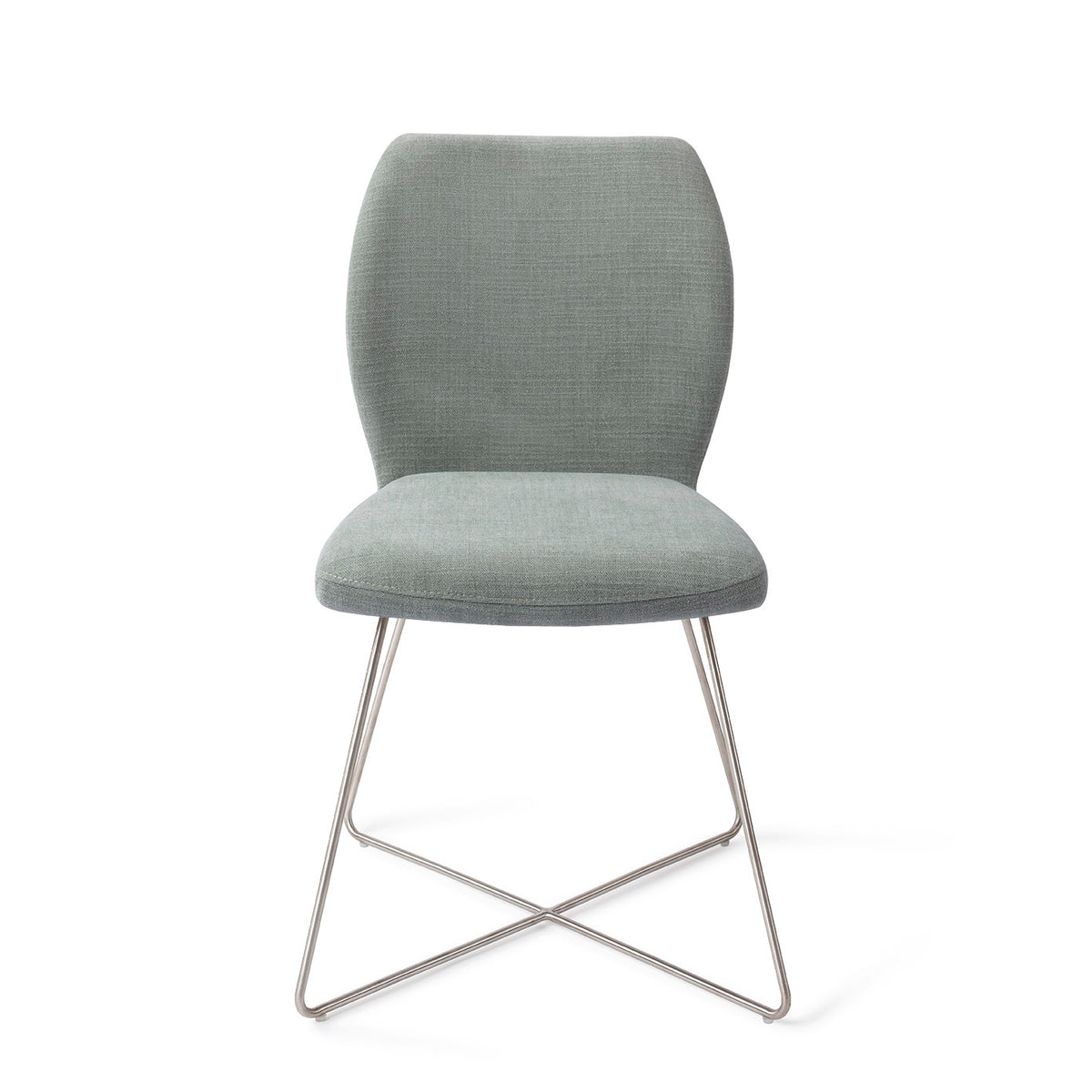 Chaise de salle à manger Ikata vert sauge sur piètement luge croisé gris acier vue de face dossier galbé et assise rembourrée