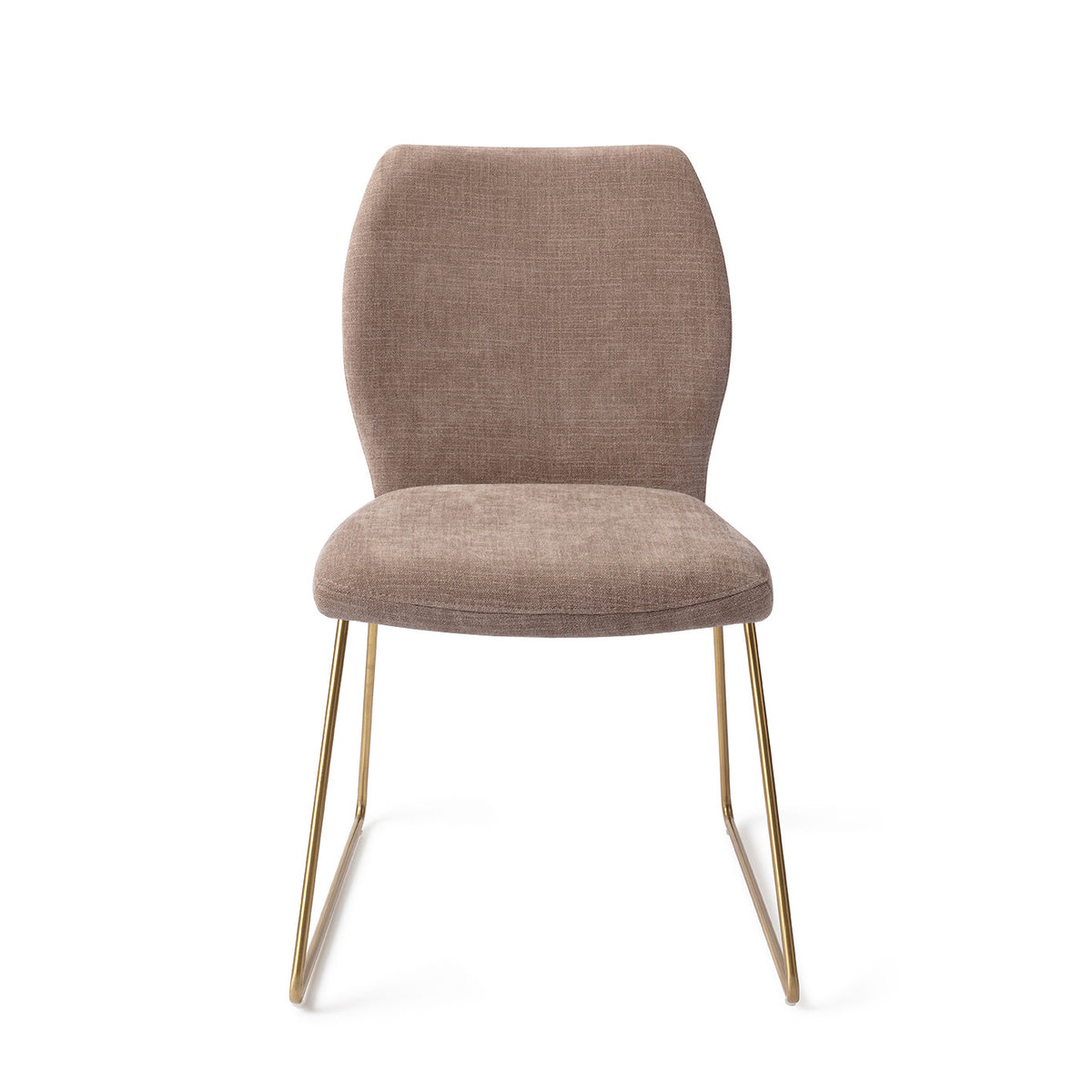 Chaise de salle à manger Ikata taupe sur piètement luge doré vue de face dossier galbé et assise rembourrée