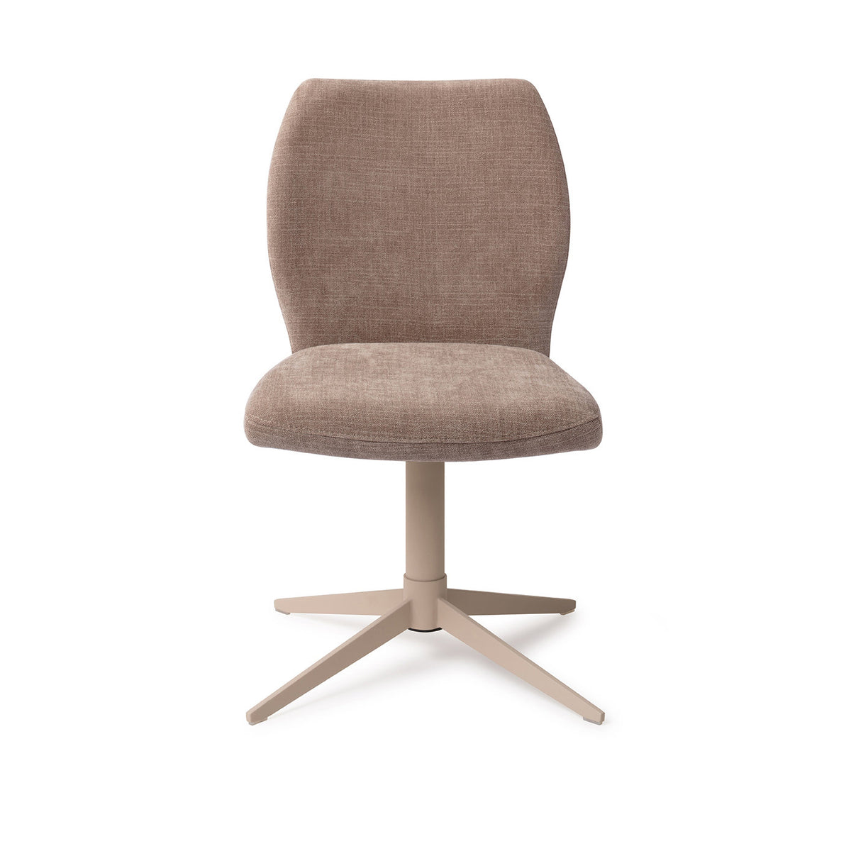 Chaise de salle à manger Ikata taupe sur pied central beige vue de face dossier galbé et assise rembourrée
