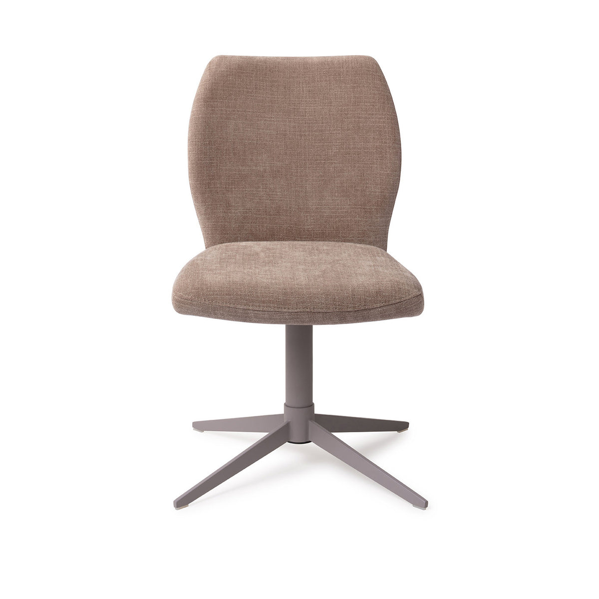 Chaise de salle à manger Ikata taupe sur pied central gris vue de face dossier galbé et assise rembourrée