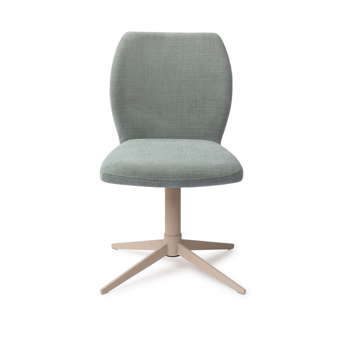 Chaise de salle à manger Ikata vert sauge sur pied central beige vue de face dossier galbé et assise rembourrée