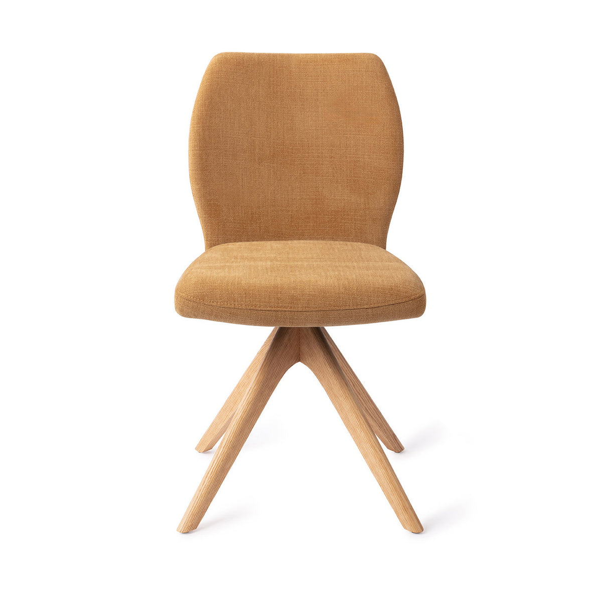 Chaise de salle à manger Ikata ocre sur piètement pivotant chêne naturel vue de face dossier galbé et assise rembourrée
