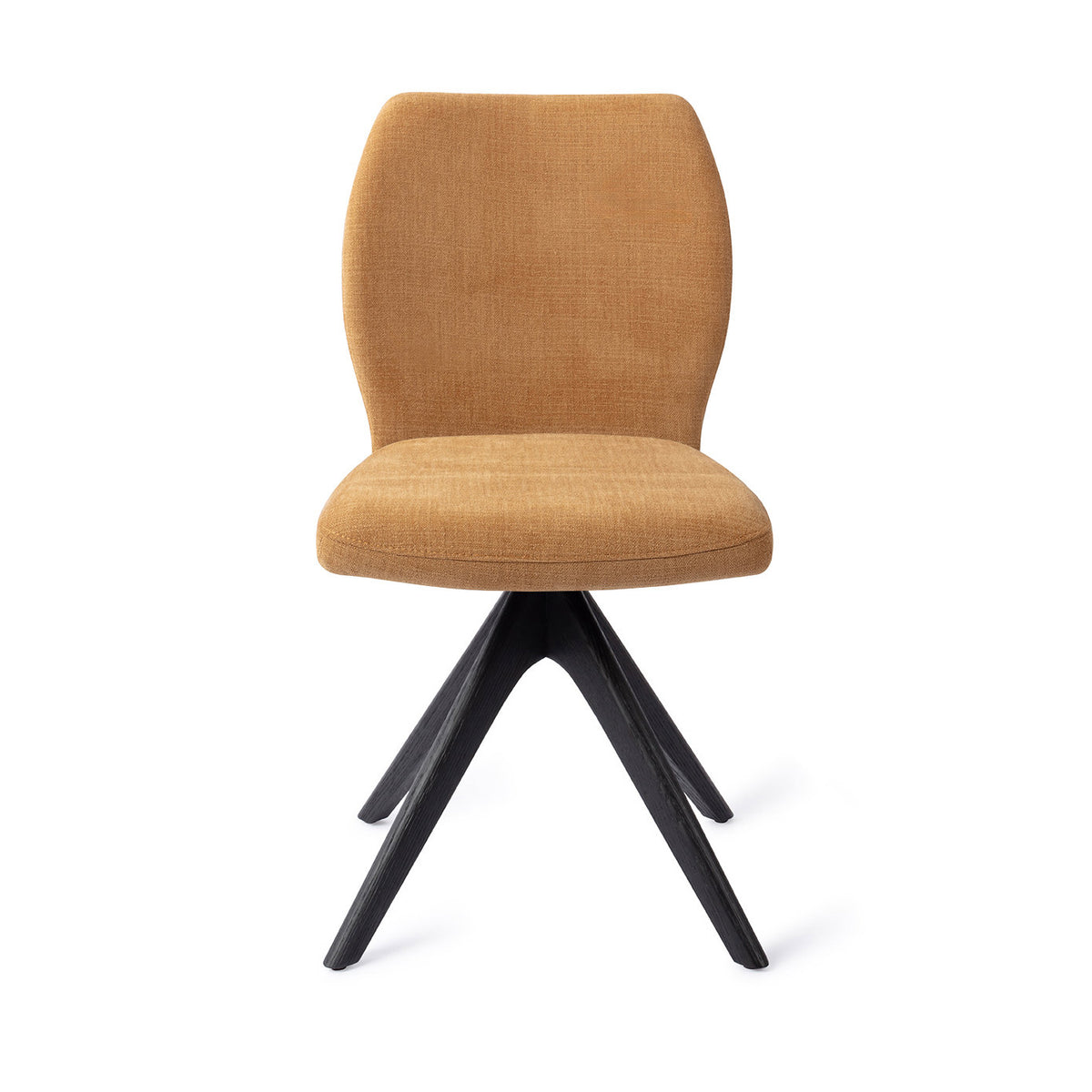 Chaise de salle à manger Ikata ocre sur piètement pivotant chêne noir vue de face dossier galbé et assise rembourrée