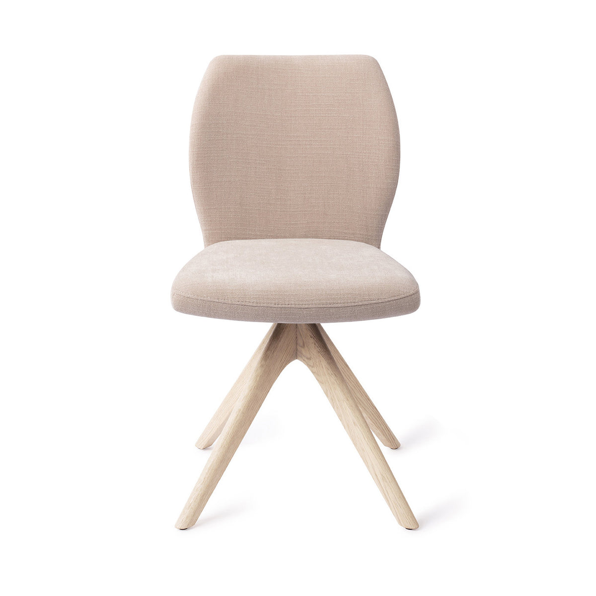 Chaise de salle à manger Ikata sable sur piètement pivotant chêne blanchi vue de face dossier galbé et assise rembourrée