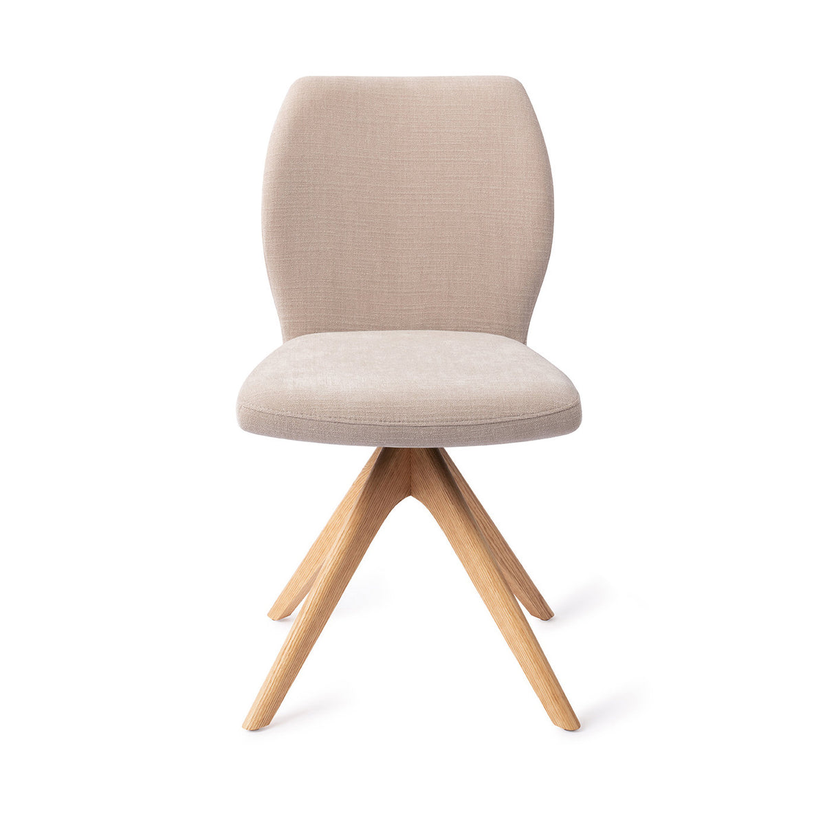 Chaise de salle à manger Ikata sable sur piètement pivotant chêne naturel vue de face dossier galbé et assise rembourrée