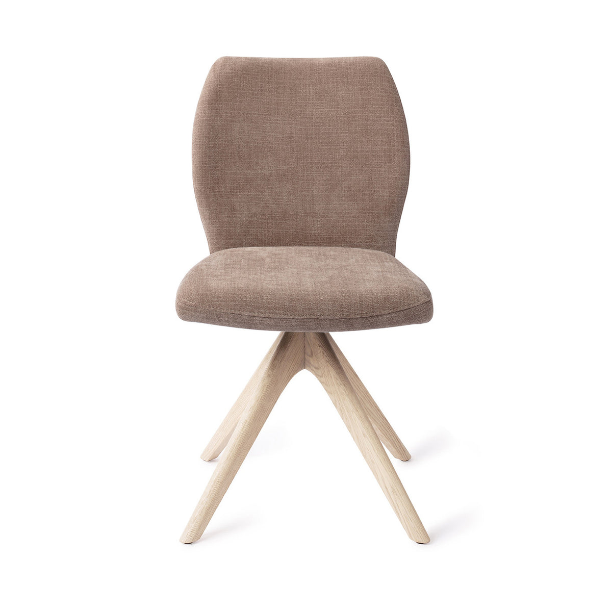 Chaise de salle à manger Ikata taupe sur piètement pivotant chêne blanchi vue de face dossier galbé et assise rembourrée