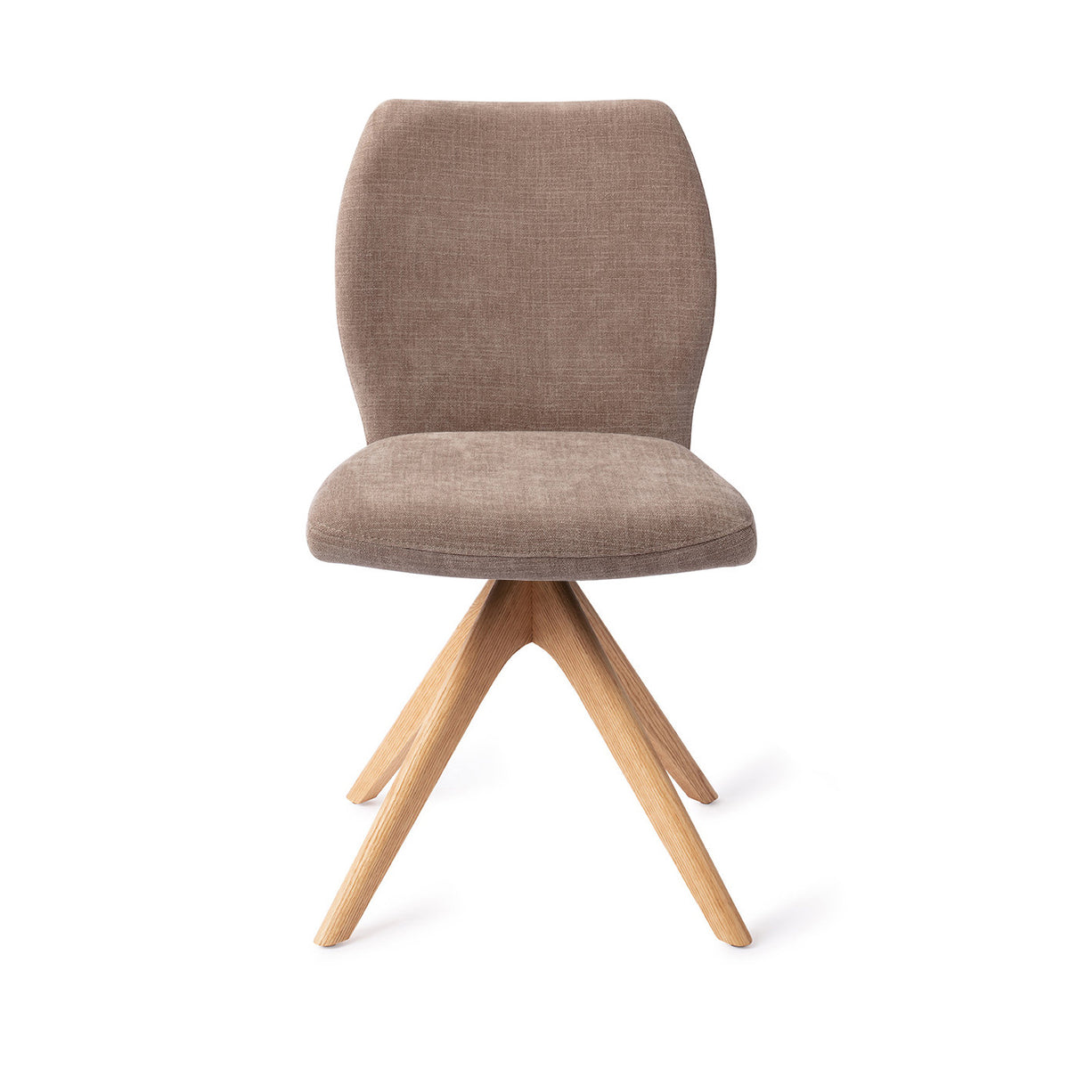 Chaise de salle à manger Ikata taupe sur piètement pivotant chêne naturel vue de face dossier galbé et assise rembourrée