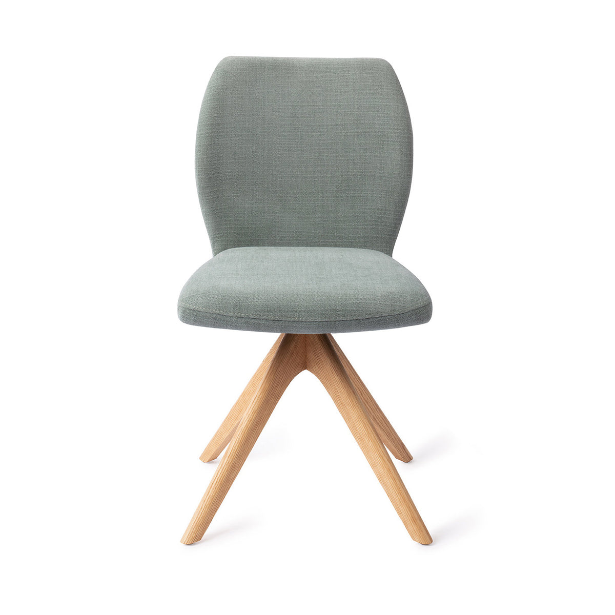Chaise de salle à manger Ikata vert sauge sur piètement pivotant chêne naturel vue de face dossier galbé et assise rembourrée