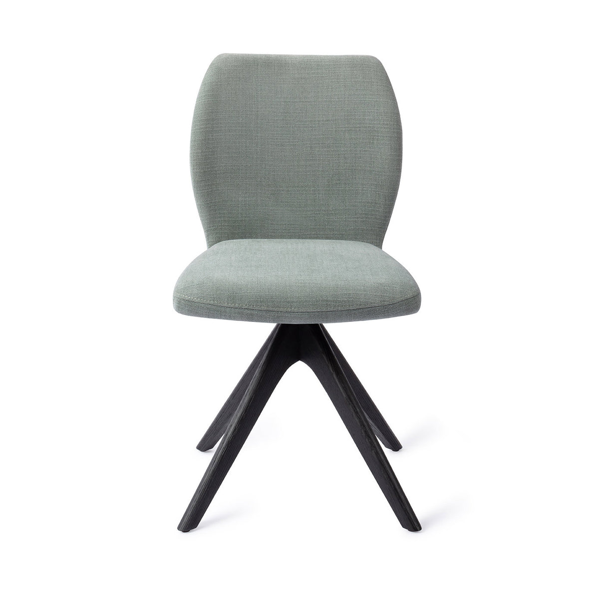 Chaise de salle à manger Ikata vert sauge sur piètement pivotant chêne noir vue de face dossier galbé et assise rembourrée