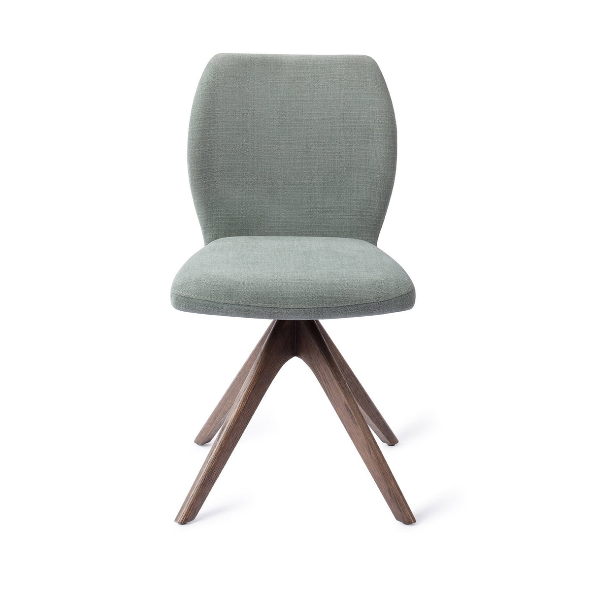 Chaise de salle à manger Ikata vert sauge sur piètement pivotant chêne teinté noyer vue de face dossier galbé et assise rembourrée