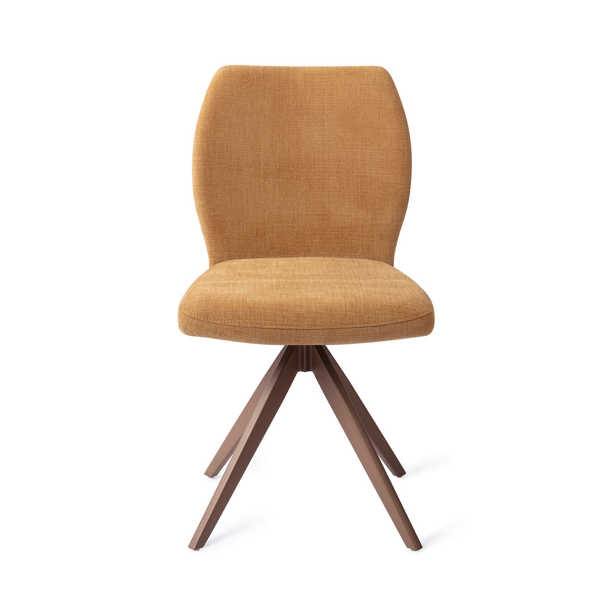 Chaise de salle à manger Ikata ocre sur piètement pivotant brun vue de face dossier galbé et assise rembourrée