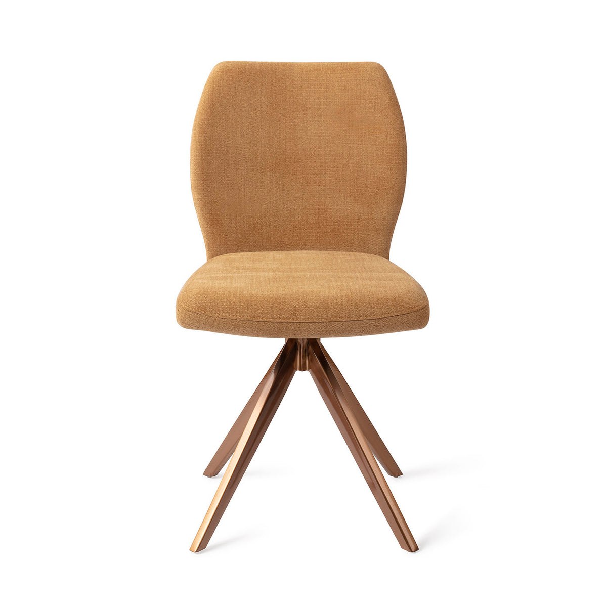 Chaise de salle à manger Ikata ocre sur piètement pivotant cuivré vue de face dossier galbé et assise rembourrée