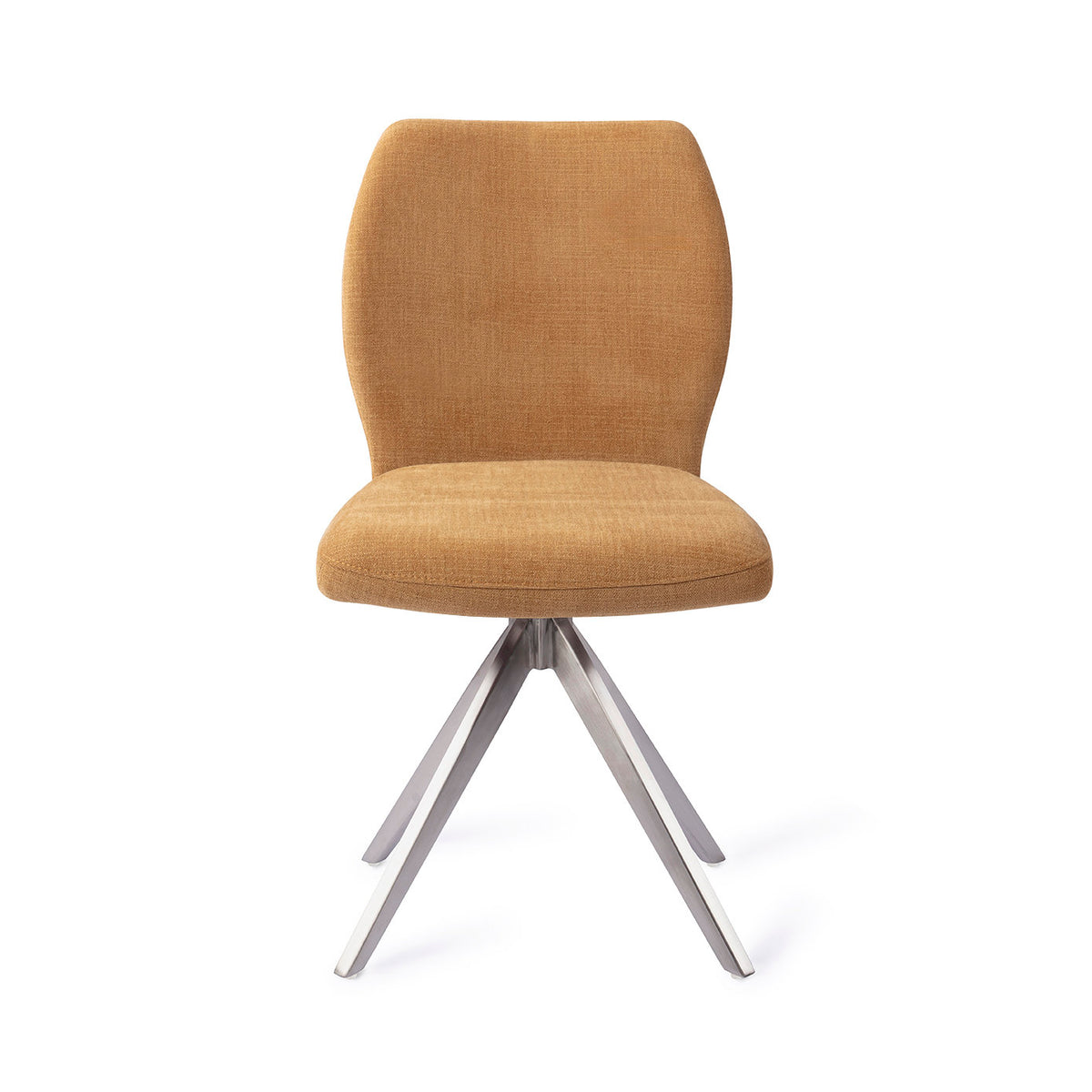 Chaise de salle à manger Ikata ocre sur piètement pivotant gris acier vue de face dossier galbé et assise rembourrée