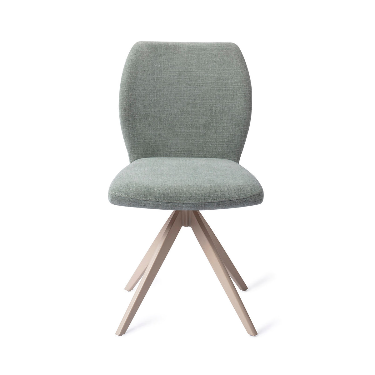 Chaise de salle à manger Ikata vert sauge sur piètement pivotant beige vue de face dossier galbé et assise rembourrée