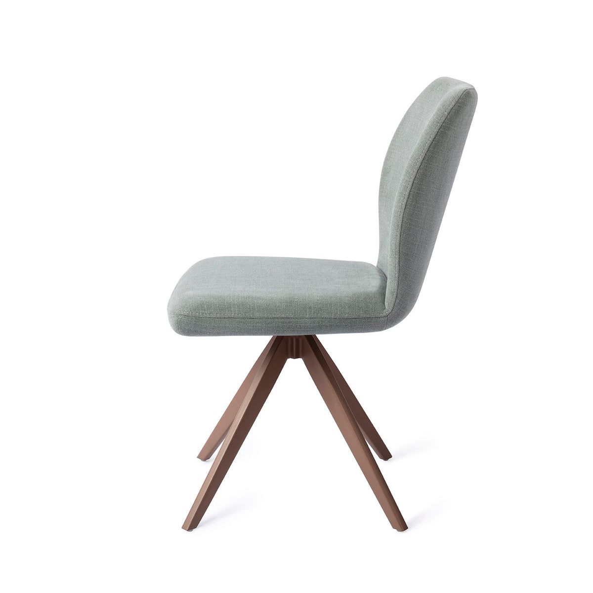 Chaise Ikata vert sauge vue de profil sur son piètement pivotant brun