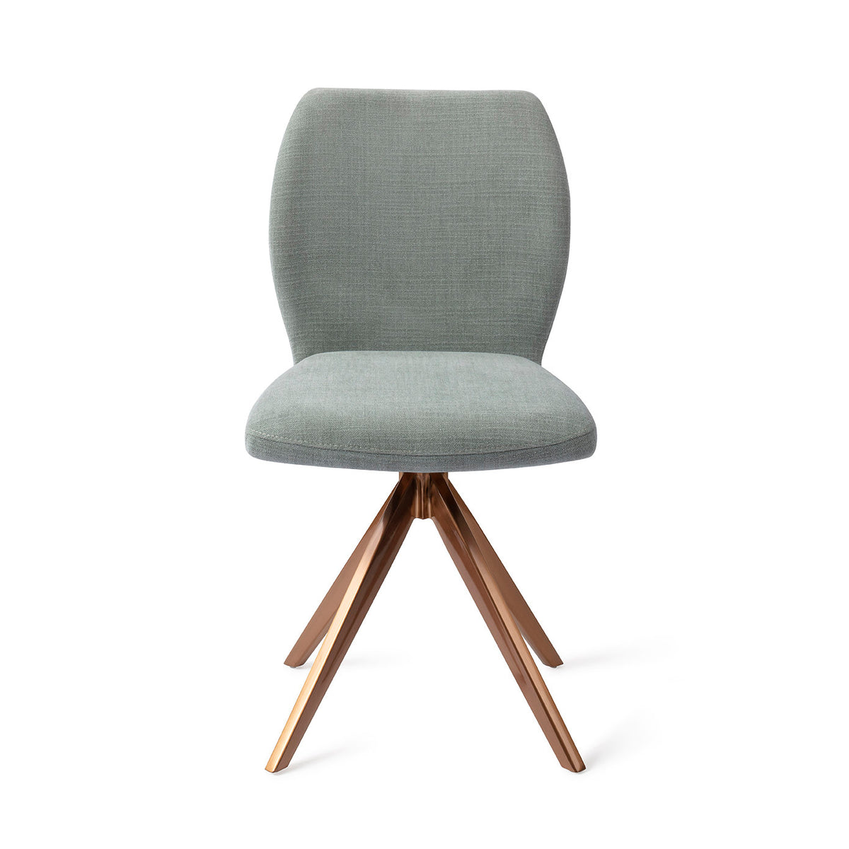 Chaise de salle à manger Ikata vert sauge sur piètement pivotant cuivré vue de face dossier galbé et assise rembourrée