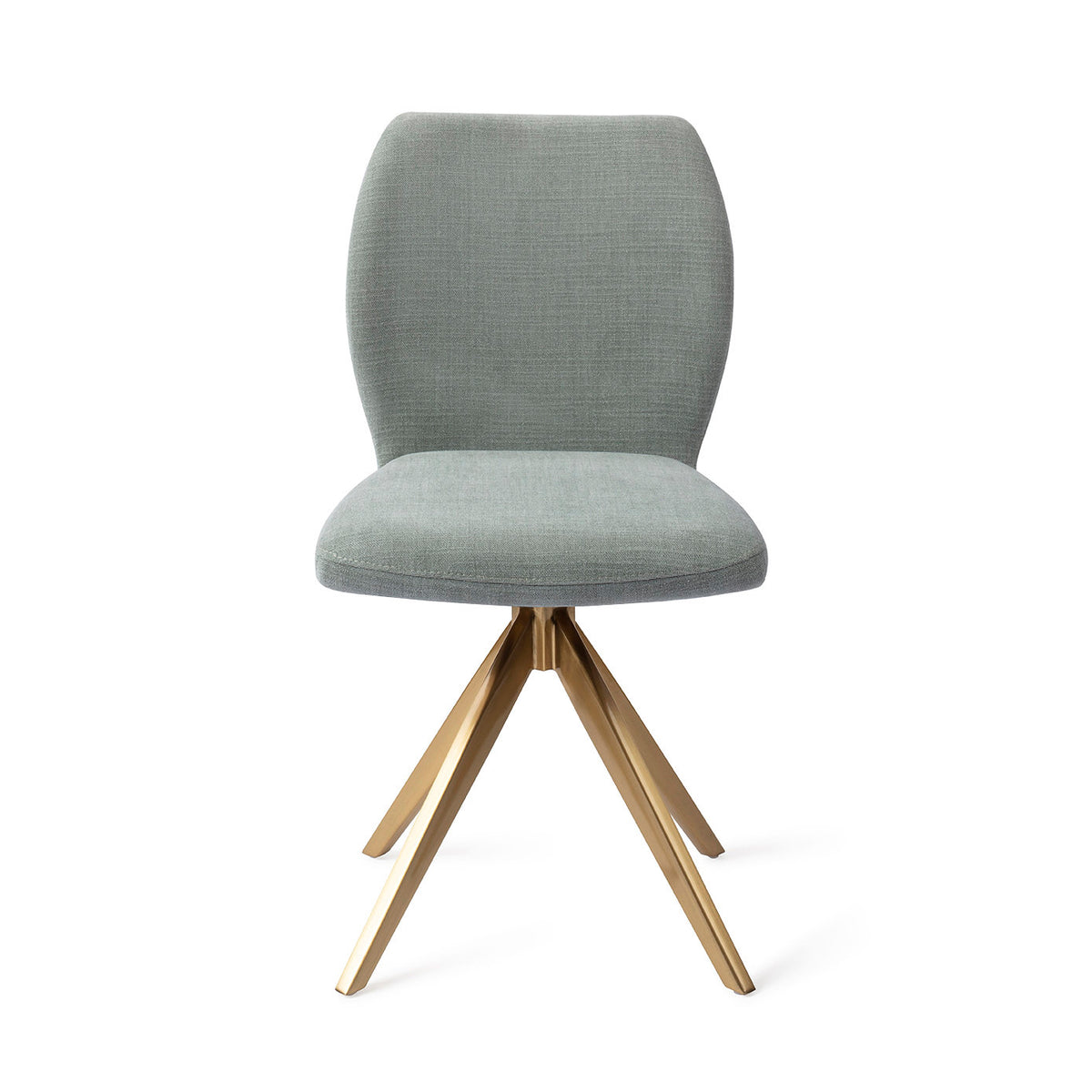 Chaise de salle à manger Ikata vert sauge sur piètement pivotant doré vue de face dossier galbé et assise rembourrée