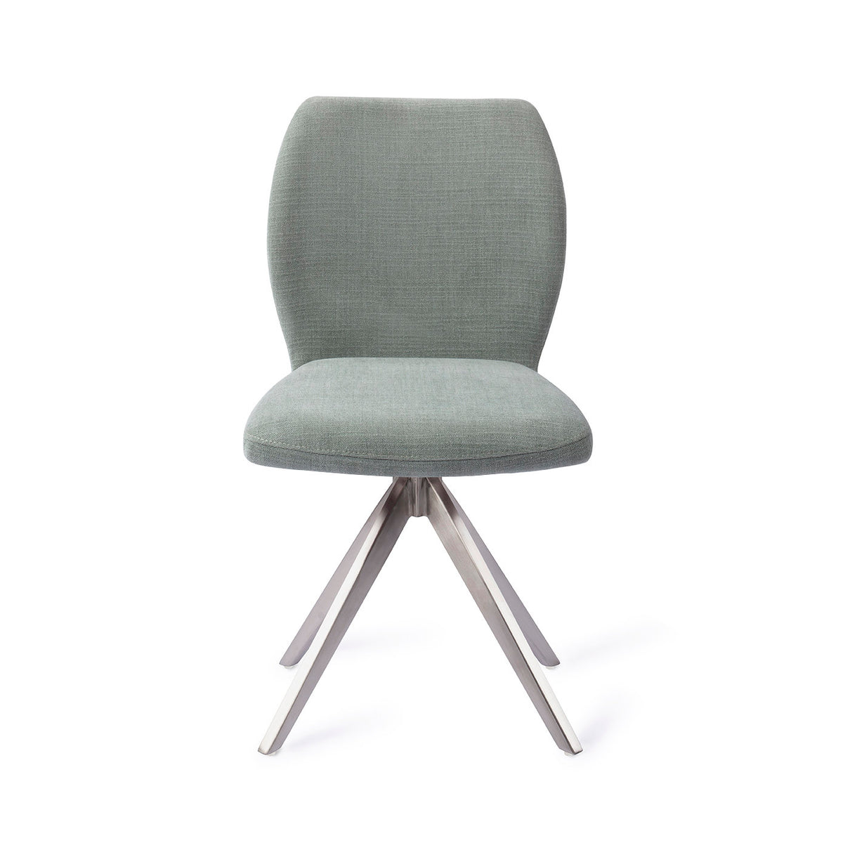Chaise de salle à manger Ikata vert sauge sur piètement pivotant gris acier vue de face dossier galbé et assise rembourrée