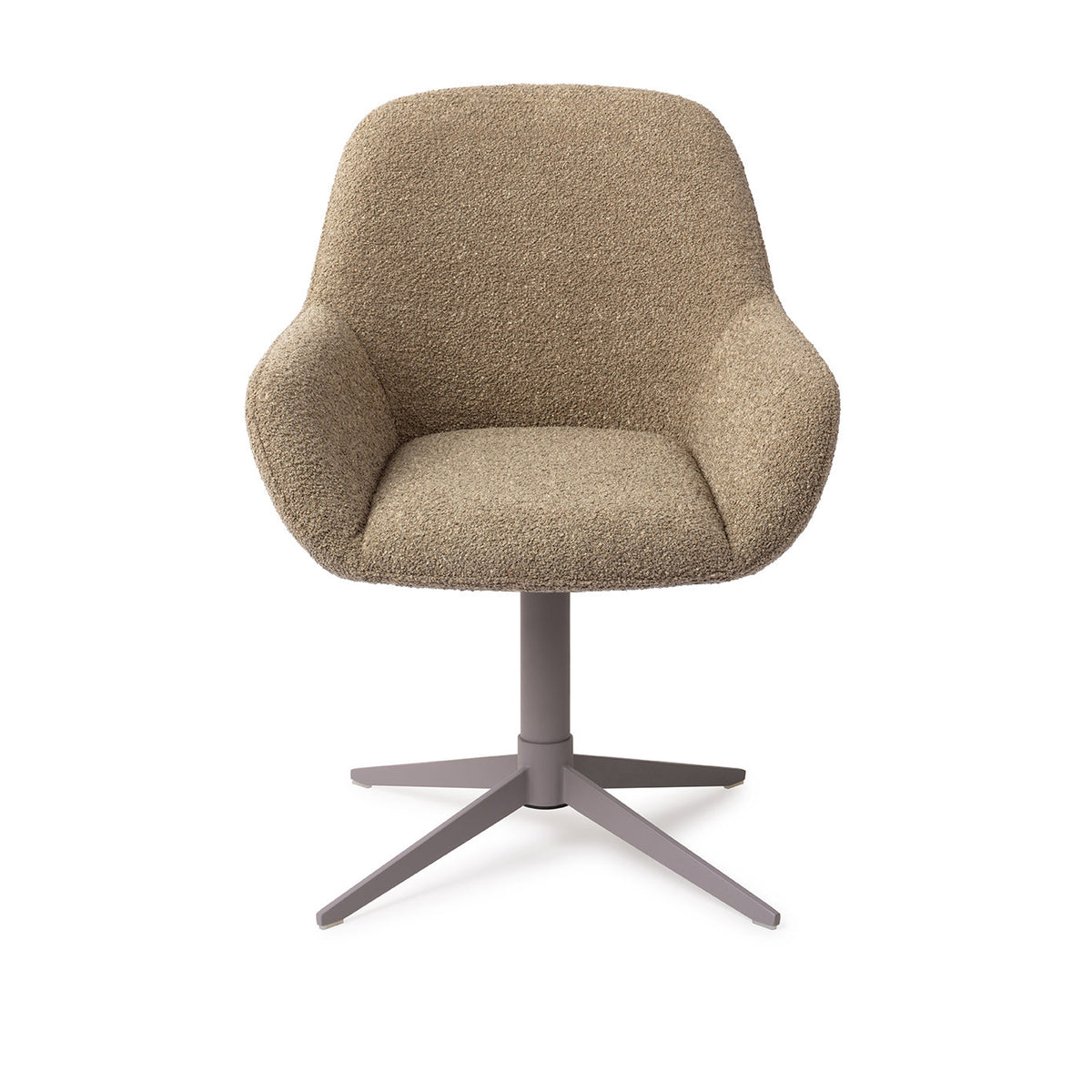 Chaise de salle à manger Kushi kaki sur pied central gris vue de face coque à accoudoirs et assise rembourrée