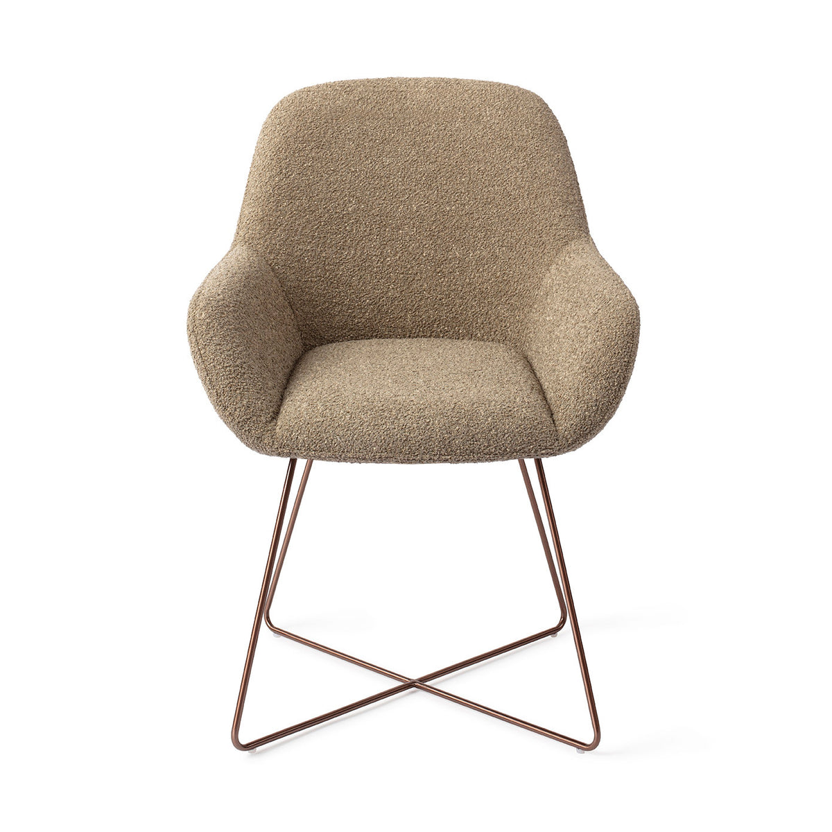 Chaise de salle à manger Kushi kaki sur piètement luge croisé cuivré vue de face assise enveloppante et accoudoirs évasés