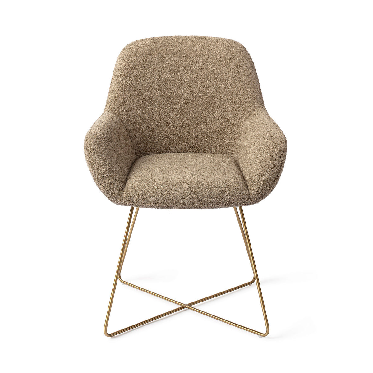 Chaise de salle à manger Kushi kaki sur piètement luge croisé doré vue de face assise enveloppante et accoudoirs évasés
