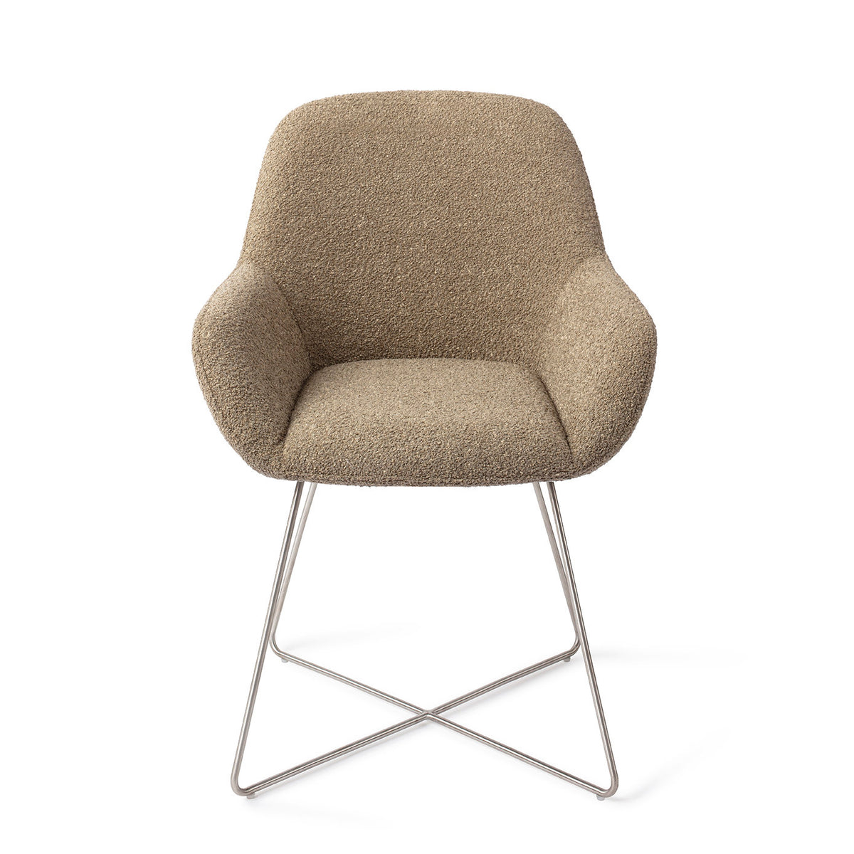 Chaise de salle à manger Kushi kaki sur piètement luge croisé gris acier vue de face assise enveloppante et accoudoirs évasés
