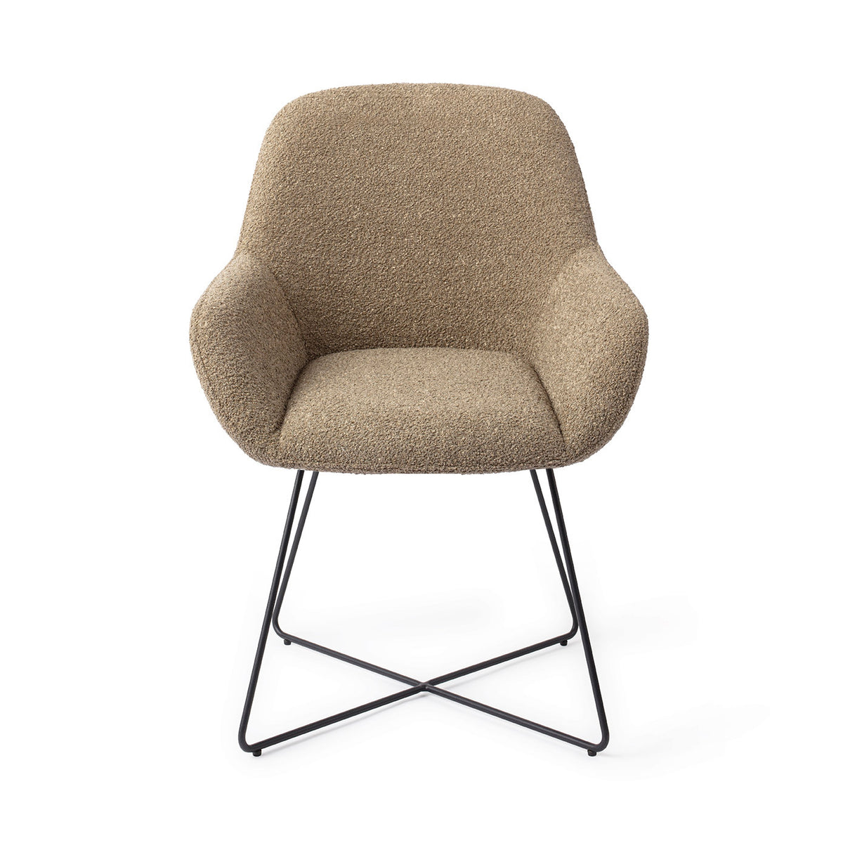 Chaise de salle à manger Kushi kaki sur piètement luge croisé noir vue de face assise enveloppante et accoudoirs évasés