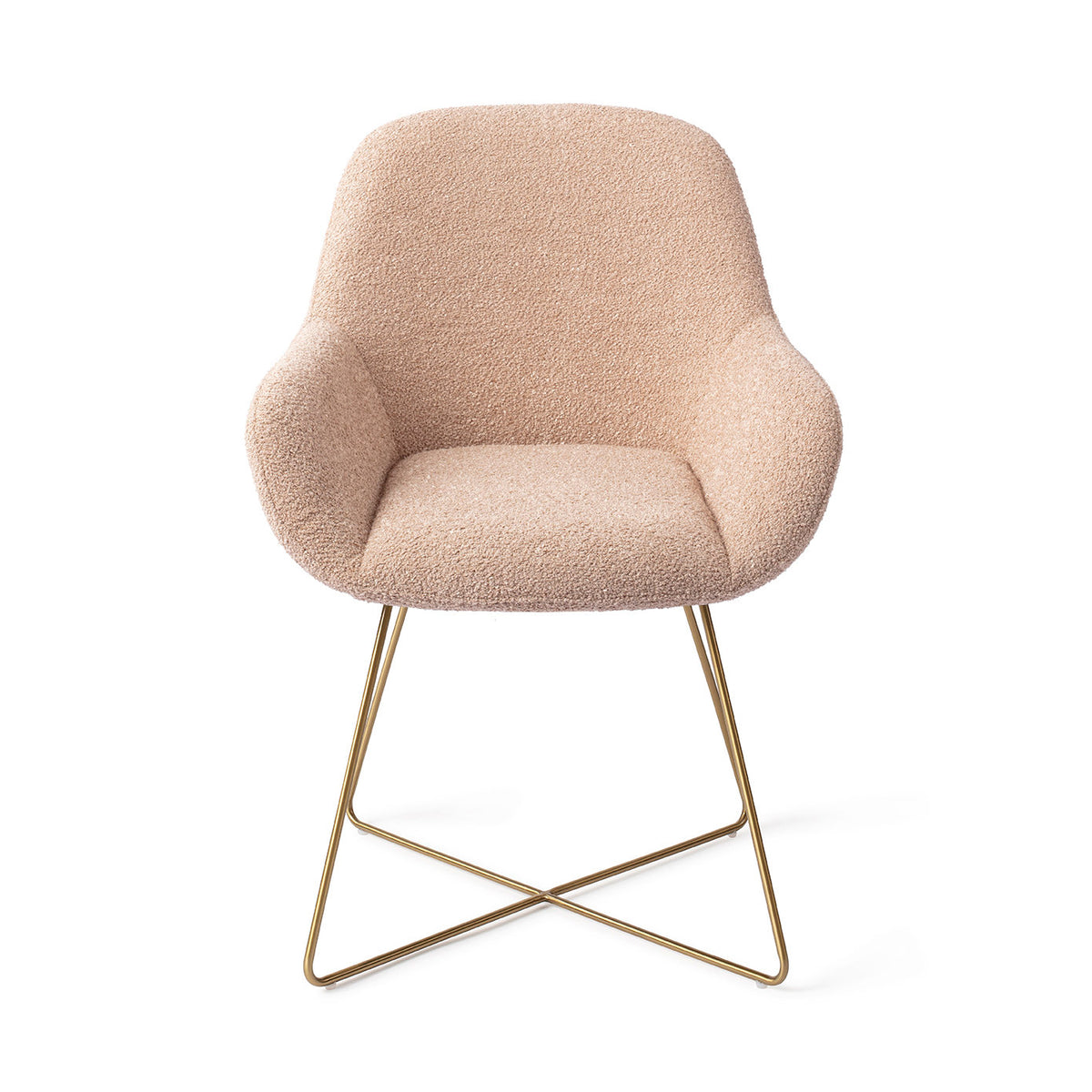 Chaise de salle à manger Kushi rose poudré sur piètement luge croisé doré vue de face assise enveloppante et accoudoirs évasés