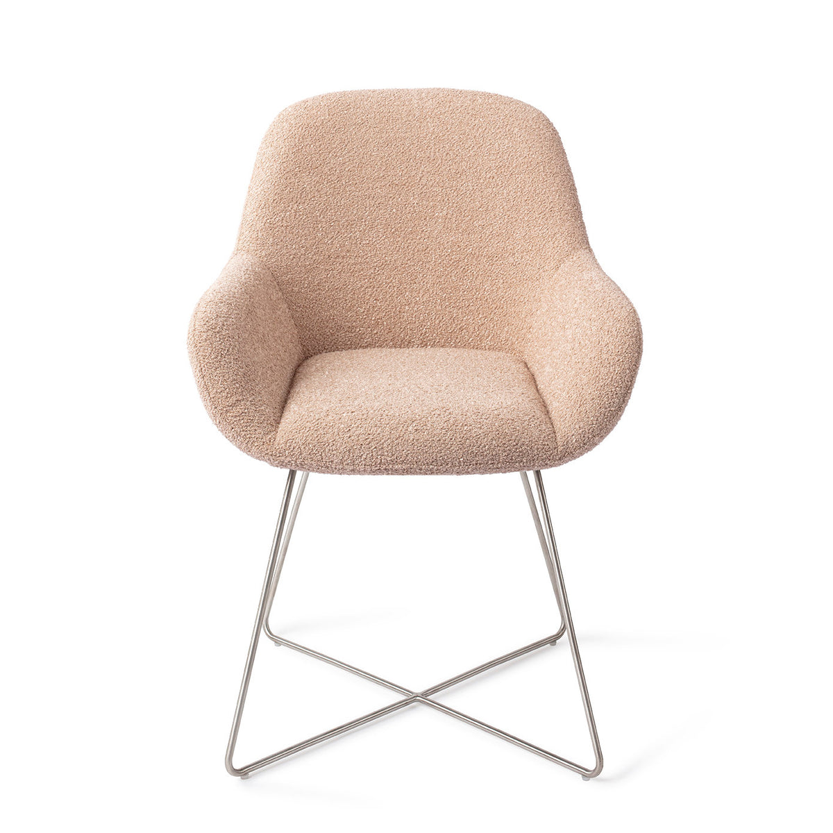 Chaise de salle à manger Kushi rose poudré sur piètement luge croisé gris acier vue de face assise enveloppante et accoudoirs évasés