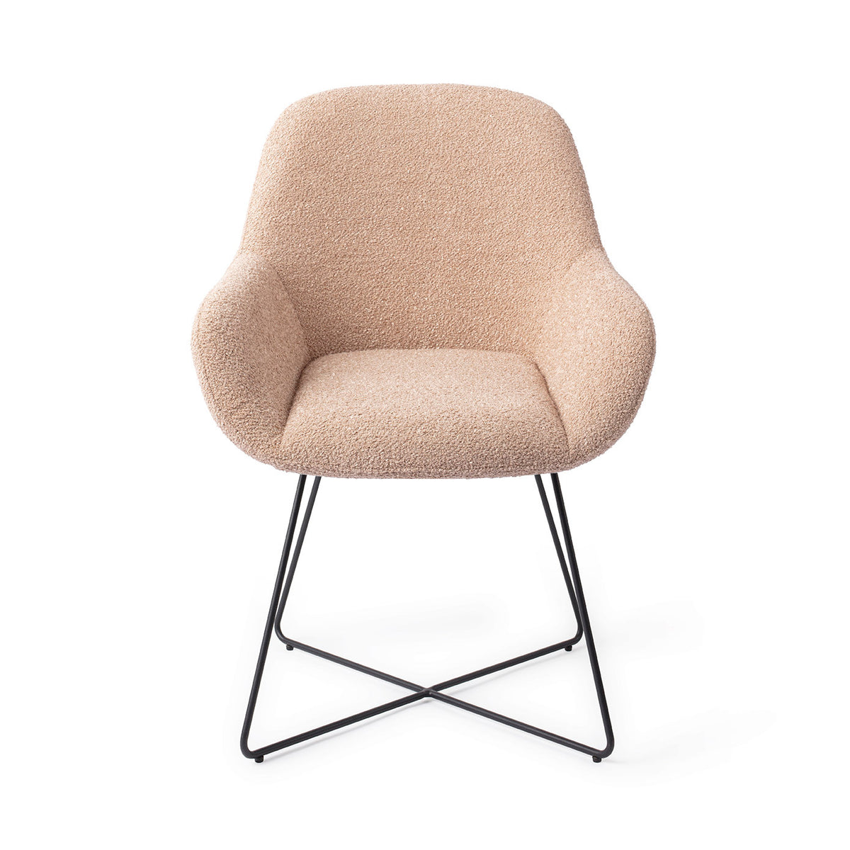 Chaise de salle à manger Kushi rose poudré sur piètement luge croisé noir vue de face assise enveloppante et accoudoirs évasés