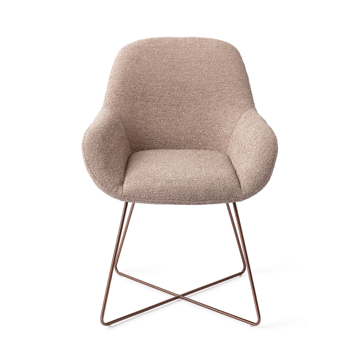 Chaise de salle à manger Kushi vieux rose sur piètement luge croisé cuivré vue de face assise enveloppante et accoudoirs évasés