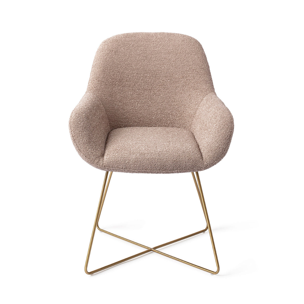 Chaise de salle à manger Kushi vieux rose sur piètement luge croisé doré vue de face assise enveloppante et accoudoirs évasés