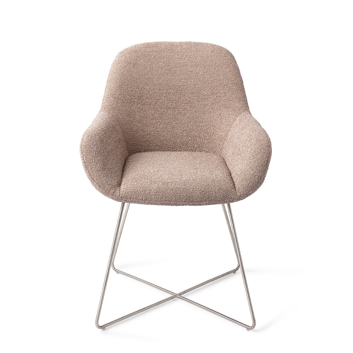 Chaise de salle à manger Kushi vieux rose sur piètement luge croisé gris acier vue de face assise enveloppante et accoudoirs évasés