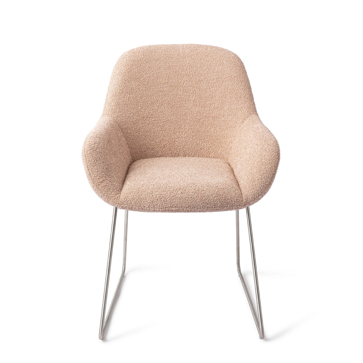 Chaise Kushi rose poudré sur piètement luge gris acier vue de face coque enveloppante et accoudoirs arrondis