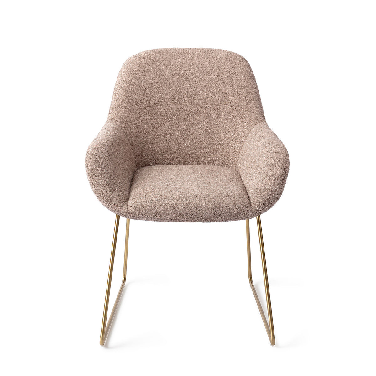 Chaise Kushi vieux rose sur piètement luge doré vue de face coque enveloppante et accoudoirs arrondis