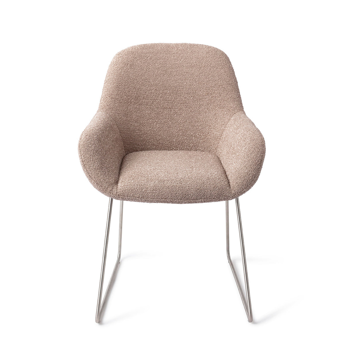Chaise Kushi vieux rose sur piètement luge gris acier vue de face coque enveloppante et accoudoirs arrondis