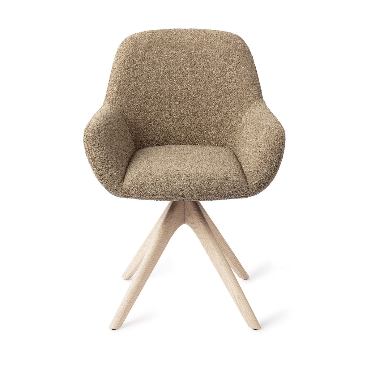 Chaise de salle à manger Kushi kaki sur piètement pivotant chêne blanchi vue de face coque enveloppante à accoudoirs