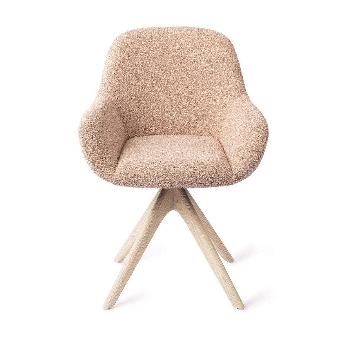 Chaise de salle à manger Kushi rose poudré sur piètement pivotant chêne blanchi vue de face coque enveloppante à accoudoirs