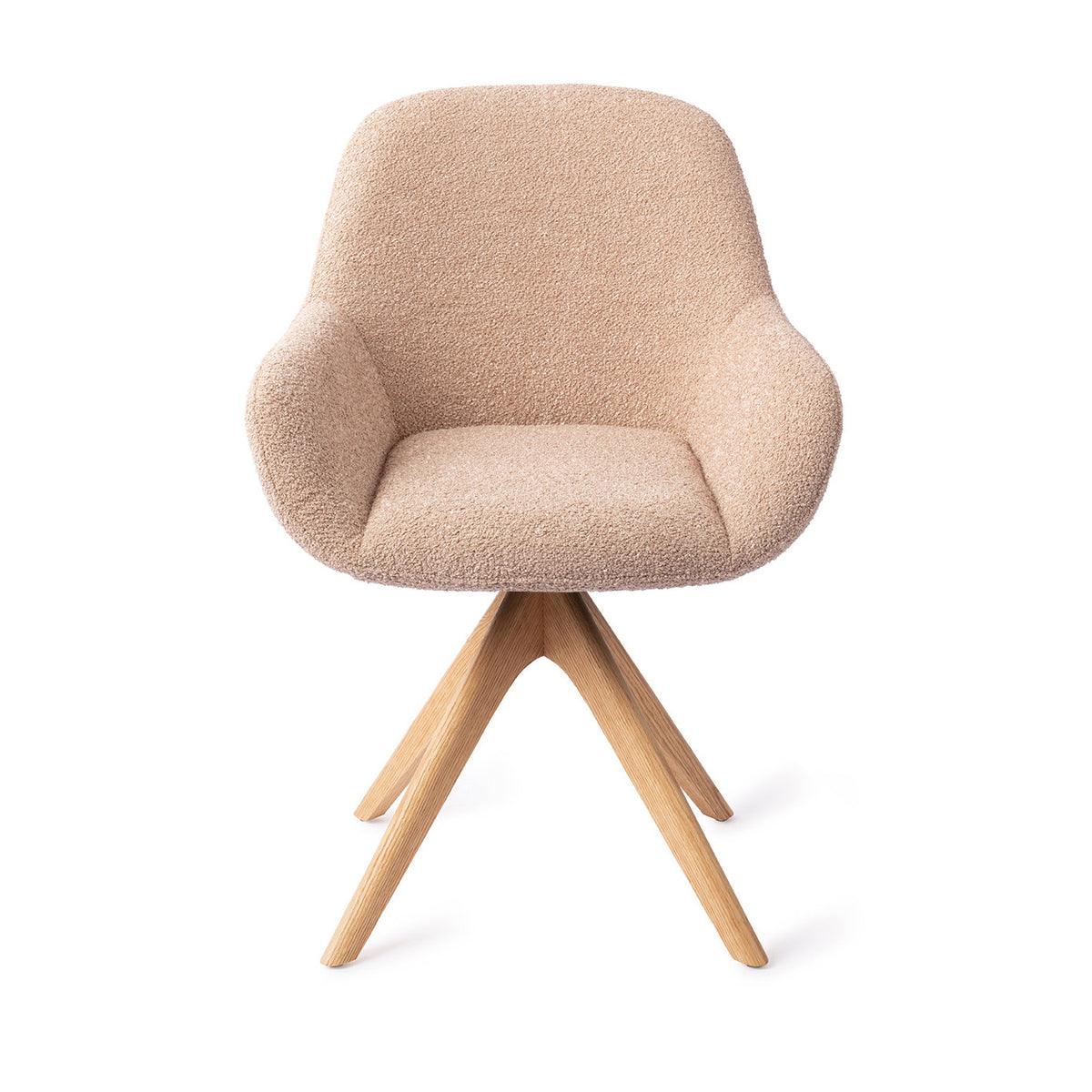 Chaise de salle à manger Kushi rose poudré sur piètement pivotant chêne naturel vue de face coque enveloppante à accoudoirs