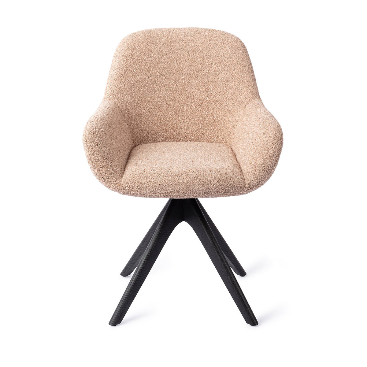 Chaise de salle à manger Kushi rose poudré sur piètement pivotant chêne noir vue de face coque enveloppante à accoudoirs