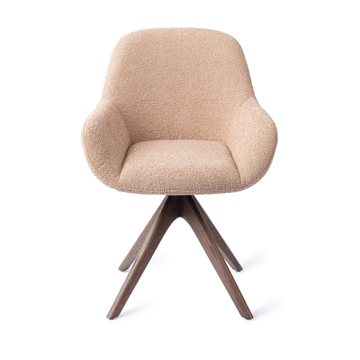 Chaise de salle à manger Kushi rose poudré sur piètement pivotant chêne teinté noyer vue de face coque enveloppante à accoudoirs