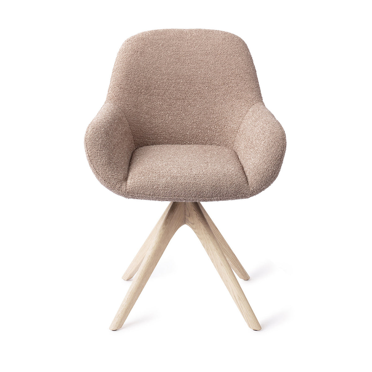 Chaise de salle à manger Kushi vieux rose sur piètement pivotant chêne blanchi vue de face coque enveloppante à accoudoirs