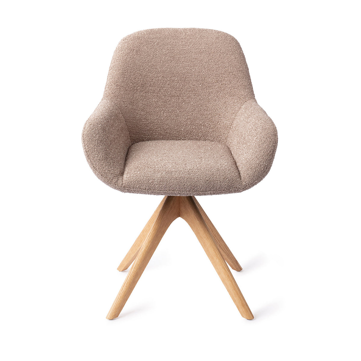 Chaise de salle à manger Kushi vieux rose sur piètement pivotant chêne naturel vue de face coque enveloppante à accoudoirs