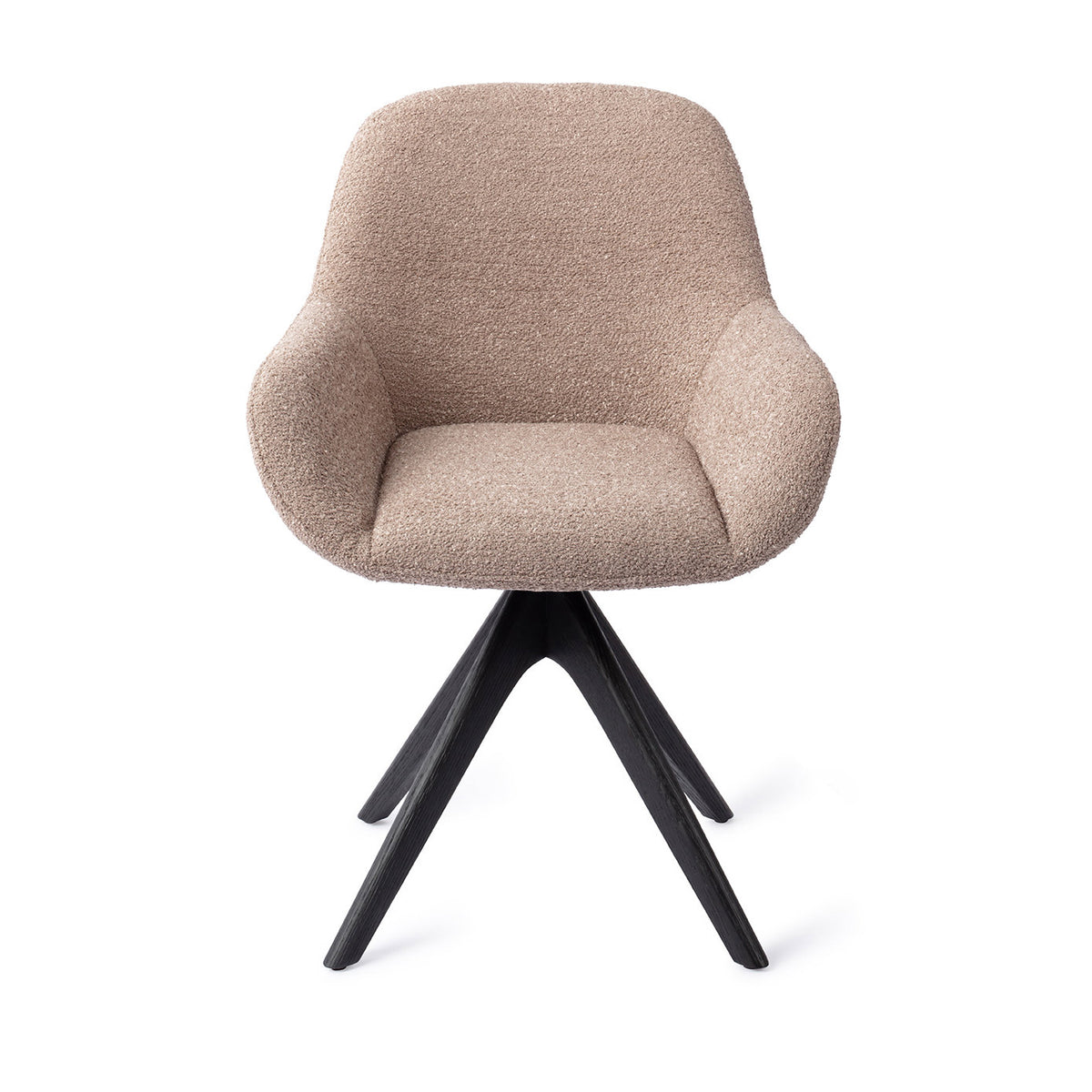 Chaise de salle à manger Kushi vieux rose sur piètement pivotant chêne noir vue de face coque enveloppante à accoudoirs