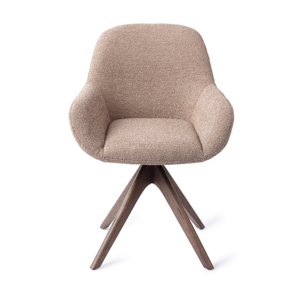 Chaise de salle à manger Kushi vieux rose sur piètement pivotant chêne teinté noyer vue de face coque enveloppante à accoudoirs